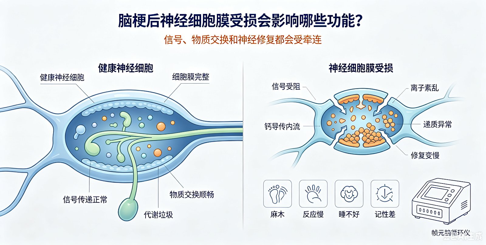 脑梗后神经细胞膜受损会影响哪些功能?