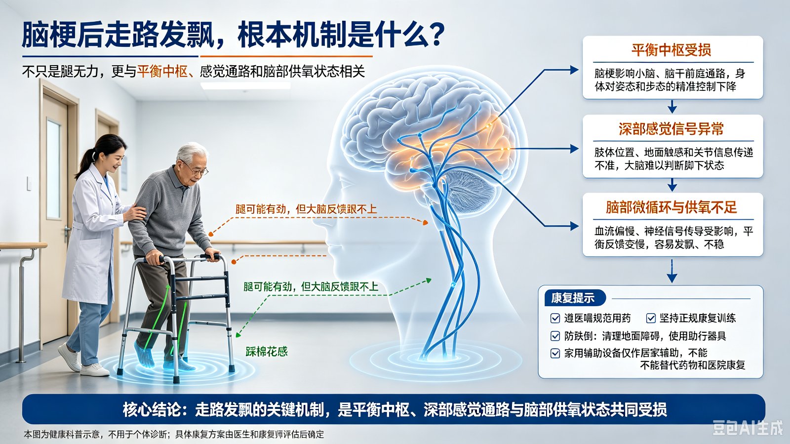 脑梗后走路发飘的根本机制?