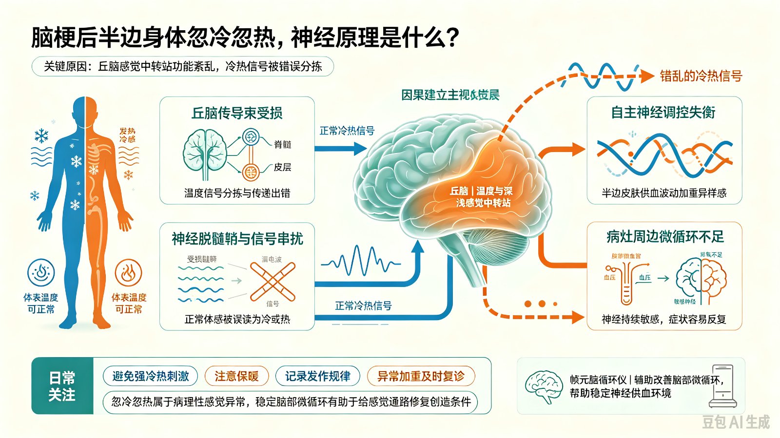 脑梗后半边身体忽冷忽热的神经原理?